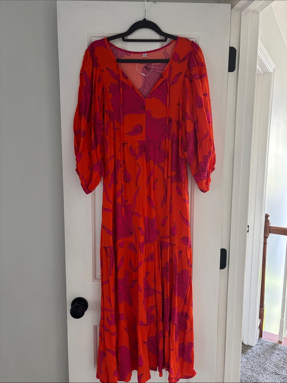 Adorable Flowing Orange Maxi Dress with Pink Abstract Print